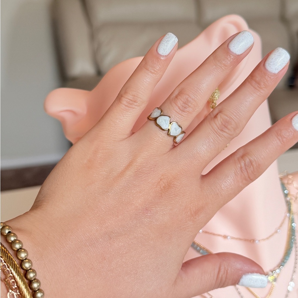 Gold Heart Band Ring with White Enamel Hearts